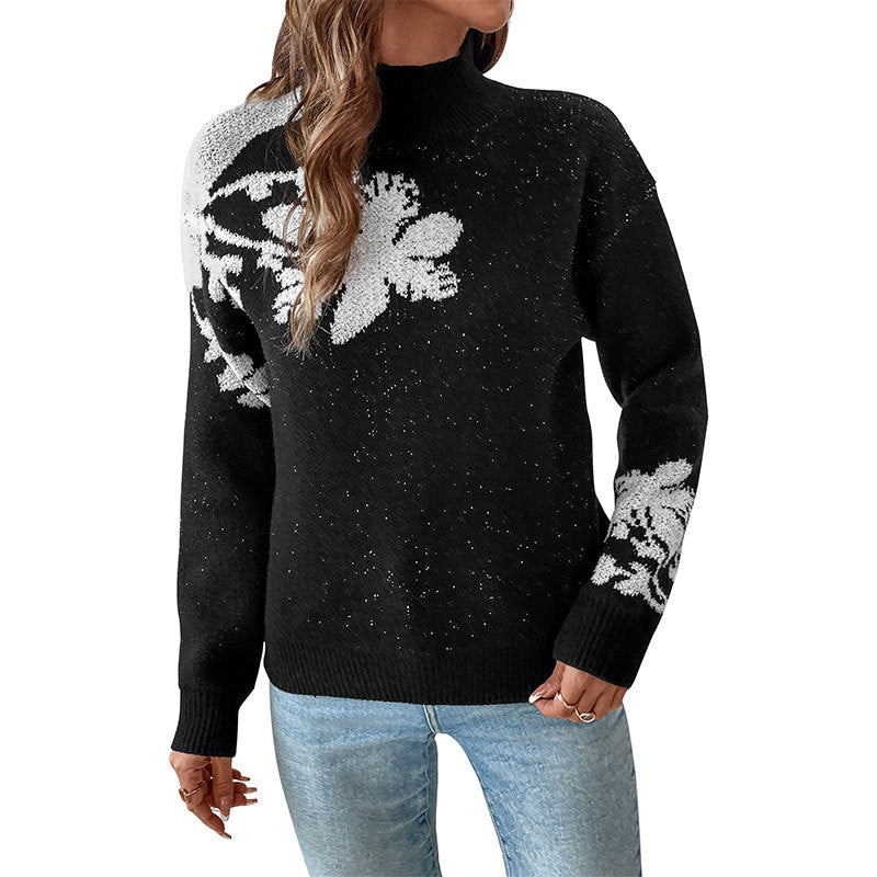 Damen modischer Strickpullover mit floralem Design und hohem Kragen Drune