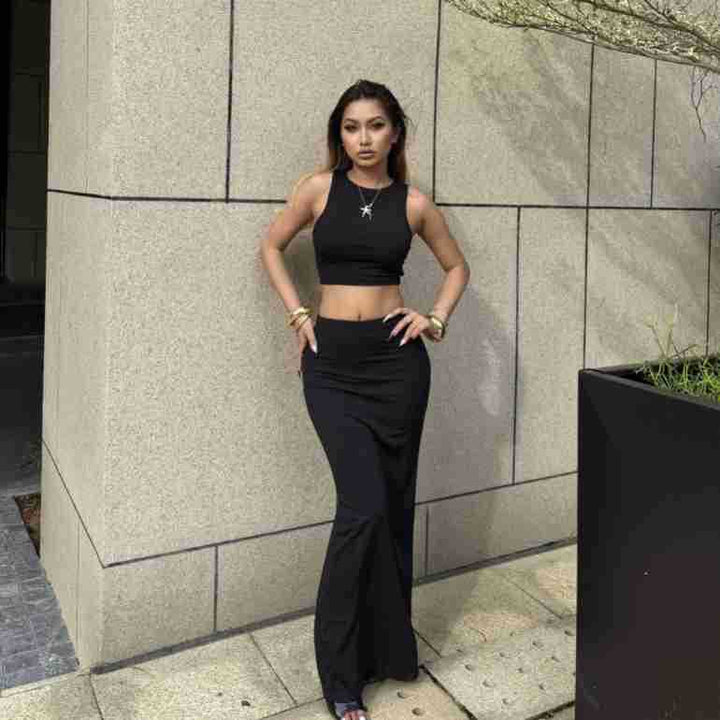 Damen Elegantes und figurbetontes Halbarm-Top mit hohem Schnitt und passendem Rock Drune