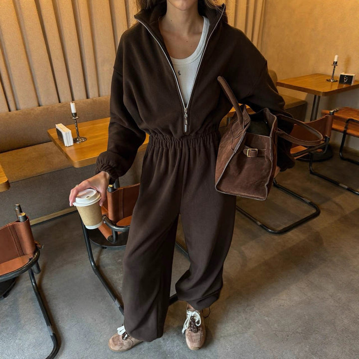 Damen Fleece-Loungewear-Set mit hohem Kragen und praktischen Taschen Drune