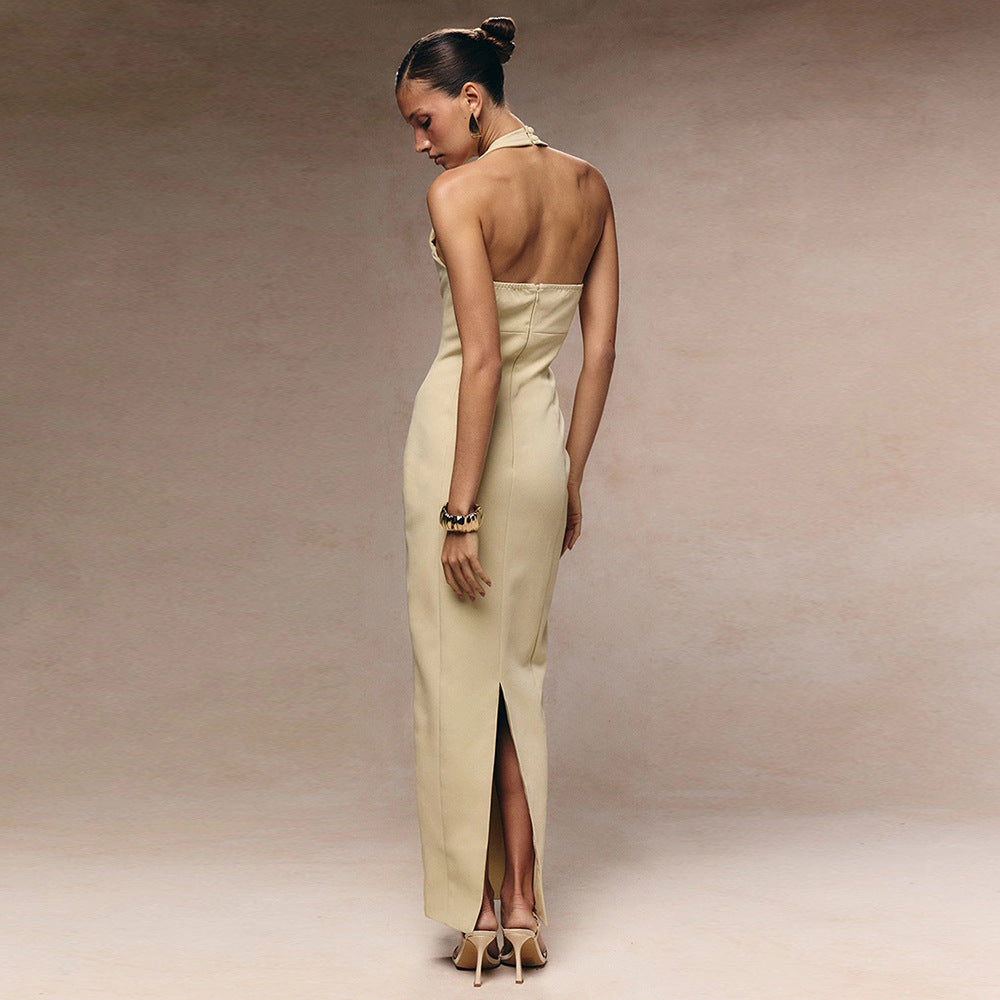 Damen Elegantes Maxikleid mit Halfter-Ausschnitt und raffinierten Knopfdetails Drune