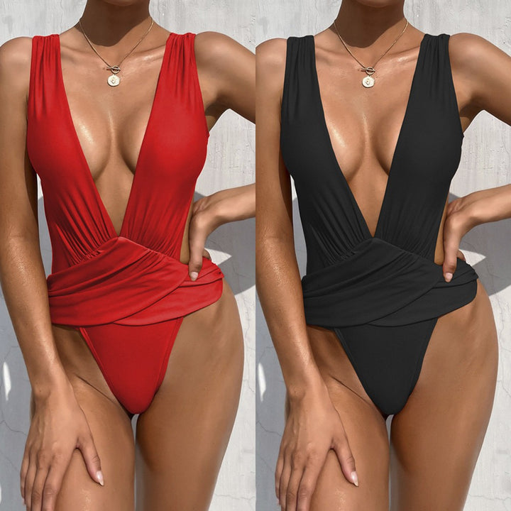 Damen Einteiler Badeanzug mit tiefem V-Ausschnitt und Wickeldetail Drune