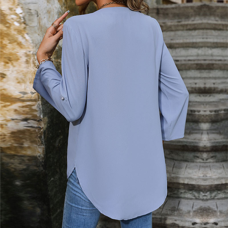 Damen Bluse mit elegantem V-Ausschnitt und Knopfdetails Drune
