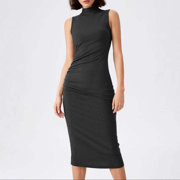 Damen elegantes Midi-Kleid mit figurbetontem Schnitt und hohem Kragen Drune