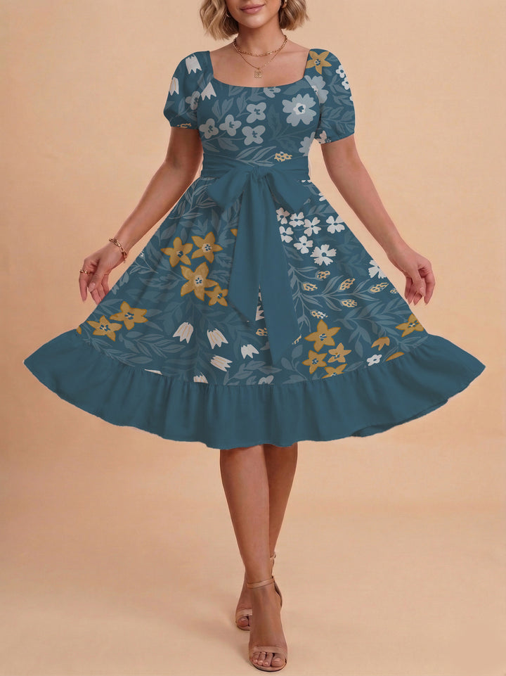 Damen Blumenkleid mit taillierbarem Gürtel und voluminösen Ärmeln Drune