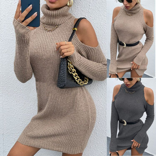 Damen Strickkleid mit offenem Schulterdesign und hohem Kragen Drune