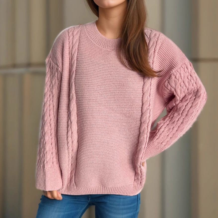 Damen Grobstrickpullover mit Zopf-Design und voluminösen Ärmeln Drune