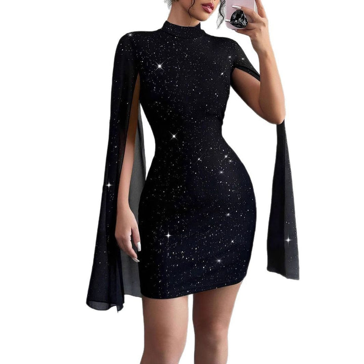 Damen elegantes kurzes Kleid mit CAPE-Ärmeln und glitzerndem Detail Drune