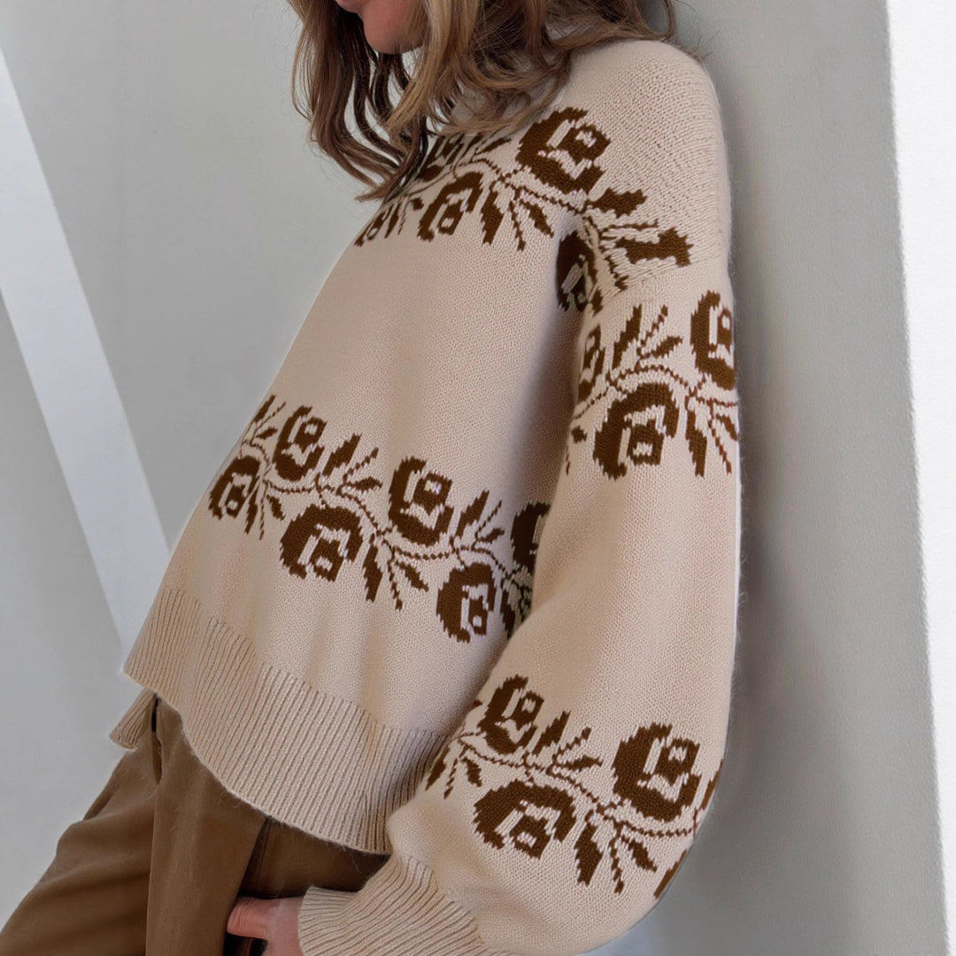 Damen Strickpullover mit floralem Jacquard-Muster und hohem Kragen Drune