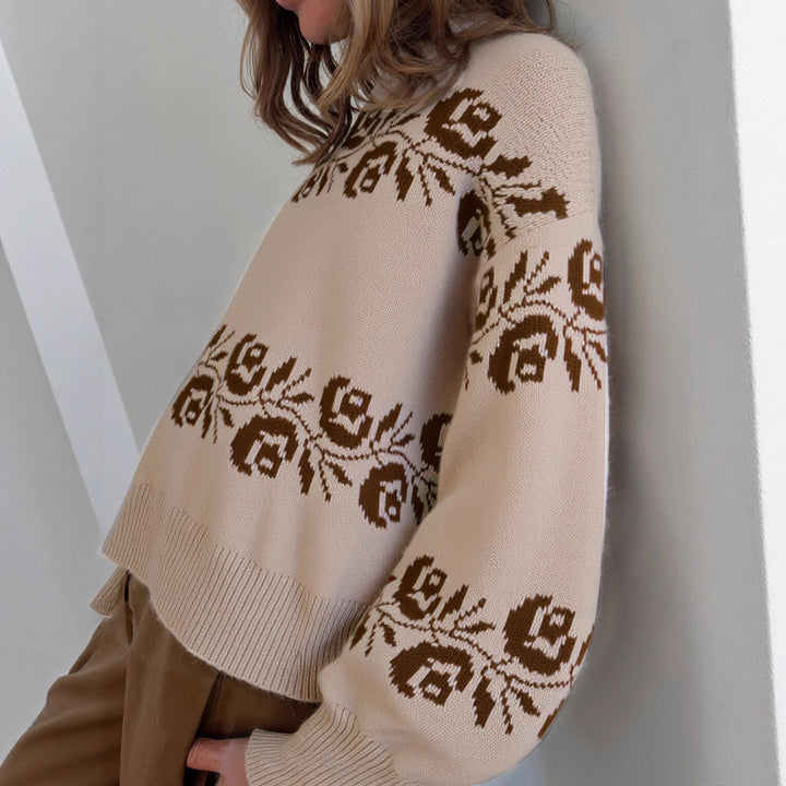 Damen Strickpullover mit floralem Jacquard-Muster und hohem Kragen Drune