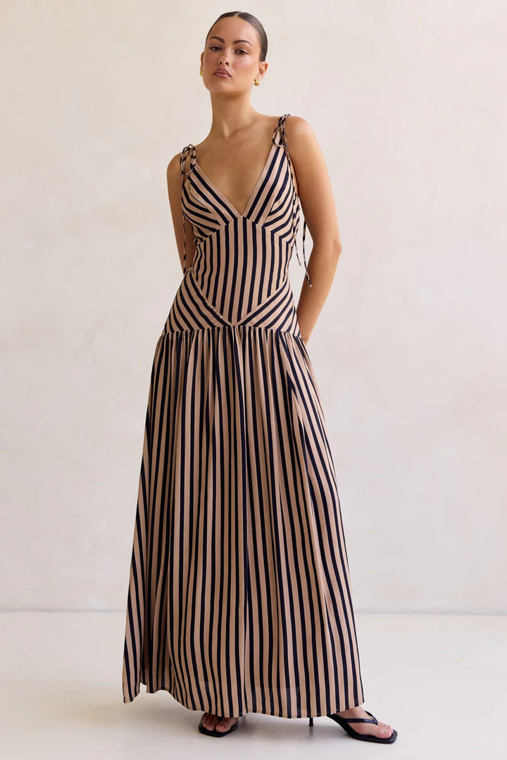 Damen Maxikleid mit tiefem V-Ausschnitt und elegantem Streifendesign Drune