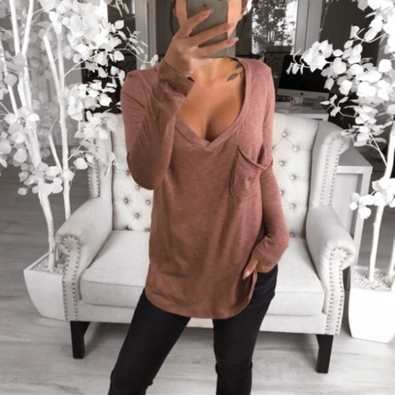 Damen Lässiges Langarmshirt mit tiefem V-Ausschnitt und Brusttasche Drune