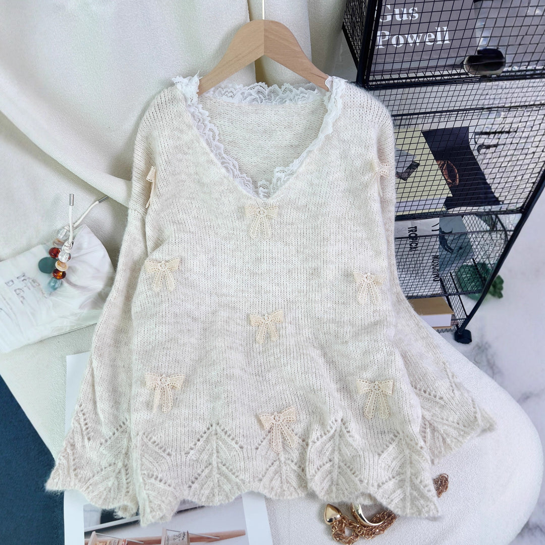 Damen modischer Strickpullover mit verspielten Schleifenapplikationen Drune