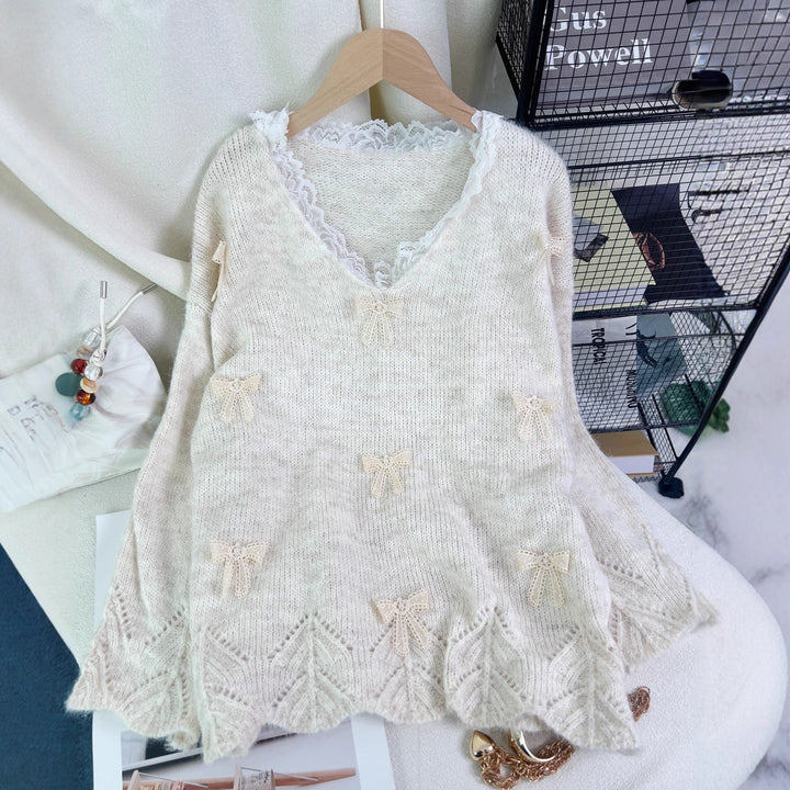 Damen modischer Strickpullover mit verspielten Schleifenapplikationen Drune