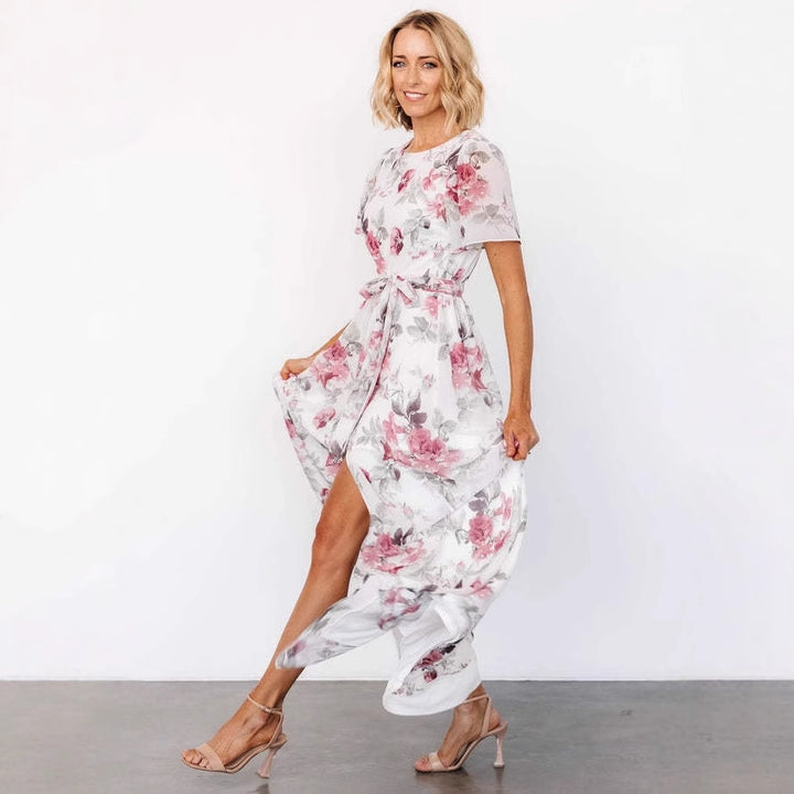 Damen florales Maxikleid mit tiefem Schlitz und Taillengürtel Drune