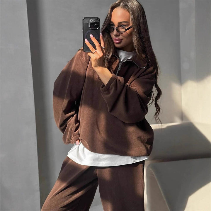 Damen Gemütlicher Fleece-Jogginganzug mit hohem Kragen Drune