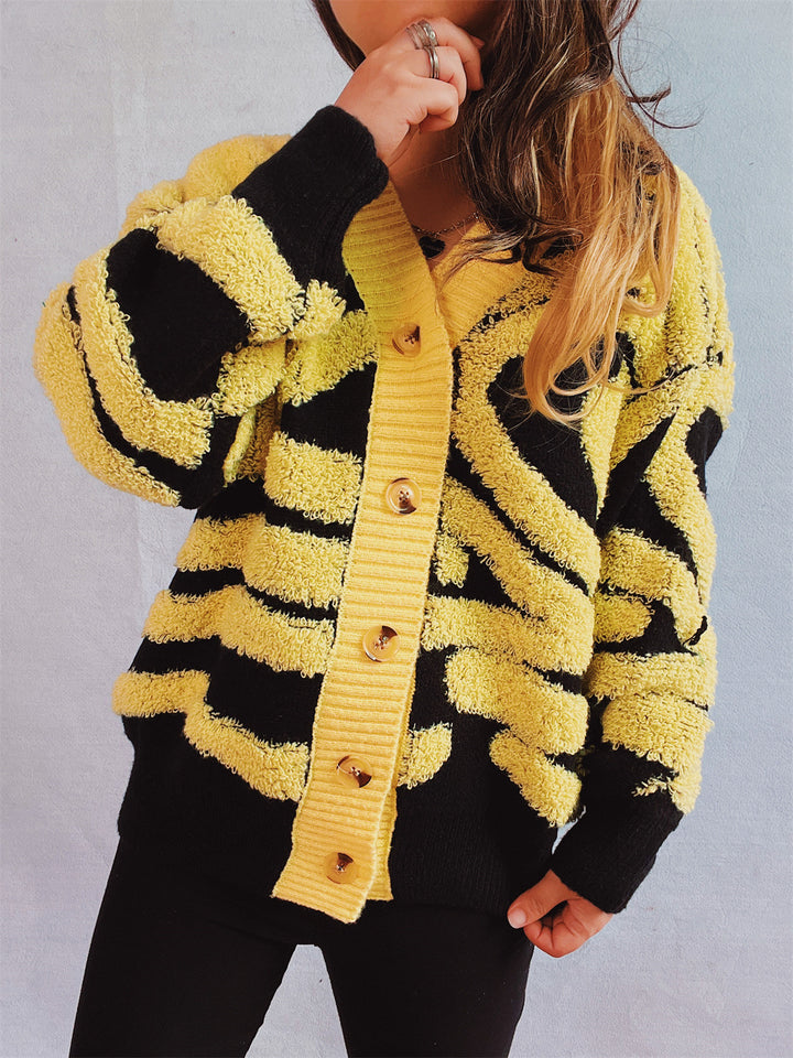 Damen modische Strickjacke mit grafischem Muster und luxuriösen Knöpfen Drune