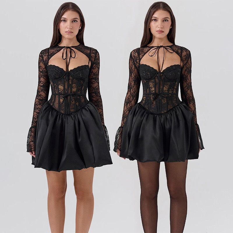 Damen Verspieltes Spitzenkleid mit großflächigen Rüschendetails und taillierter Silhouette Drune