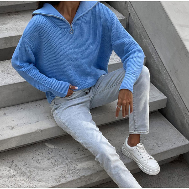 Damen Oversized Strickpullover mit stehendem Kragen und Reißverschluss Drune