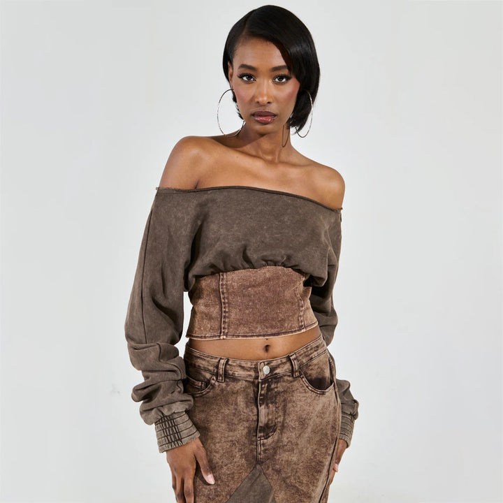 Damen Cropped Sweatshirt mit lässigem Off-Shoulder Design und modischem Bund Drune