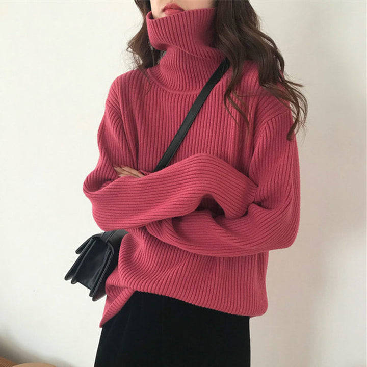 Damen warmer Rollkragenpullover mit feinem Rippstrick Drune