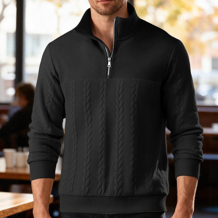 Herren nan texturierter Strickpullover mit Halbzip, geflochtenem Zopfmuster und hohem Stehkragen Drune