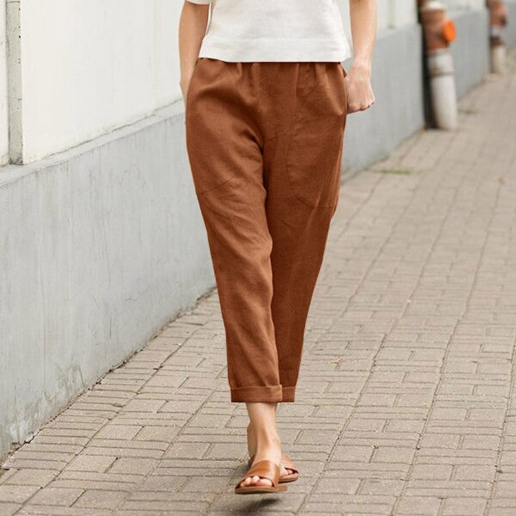 Damen nan leichte Leinenhose mit elastischem Bund, seitlichen Eingrifftaschen und gekrempeltem Saum Drune