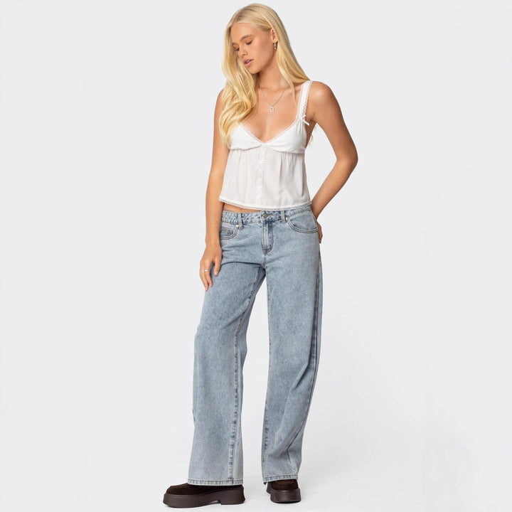 Damen Crop-Top aus feiner Baumwolle mit dekorativen Knopfdetails Drune