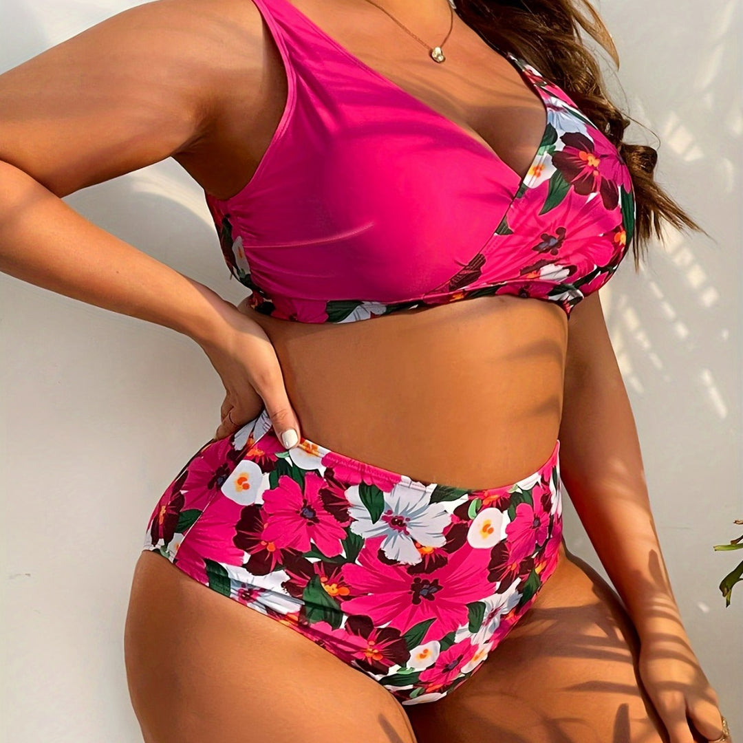 Damen nan Bikini-Set große Größen mit geformtem BH, V-Ausschnitt und hochgeschnittenem Taillenslip Drune