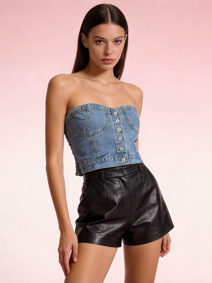 Damen Denim Bustier-Oberteil mit Knopfdetails und tailliertem Schnitt Drune