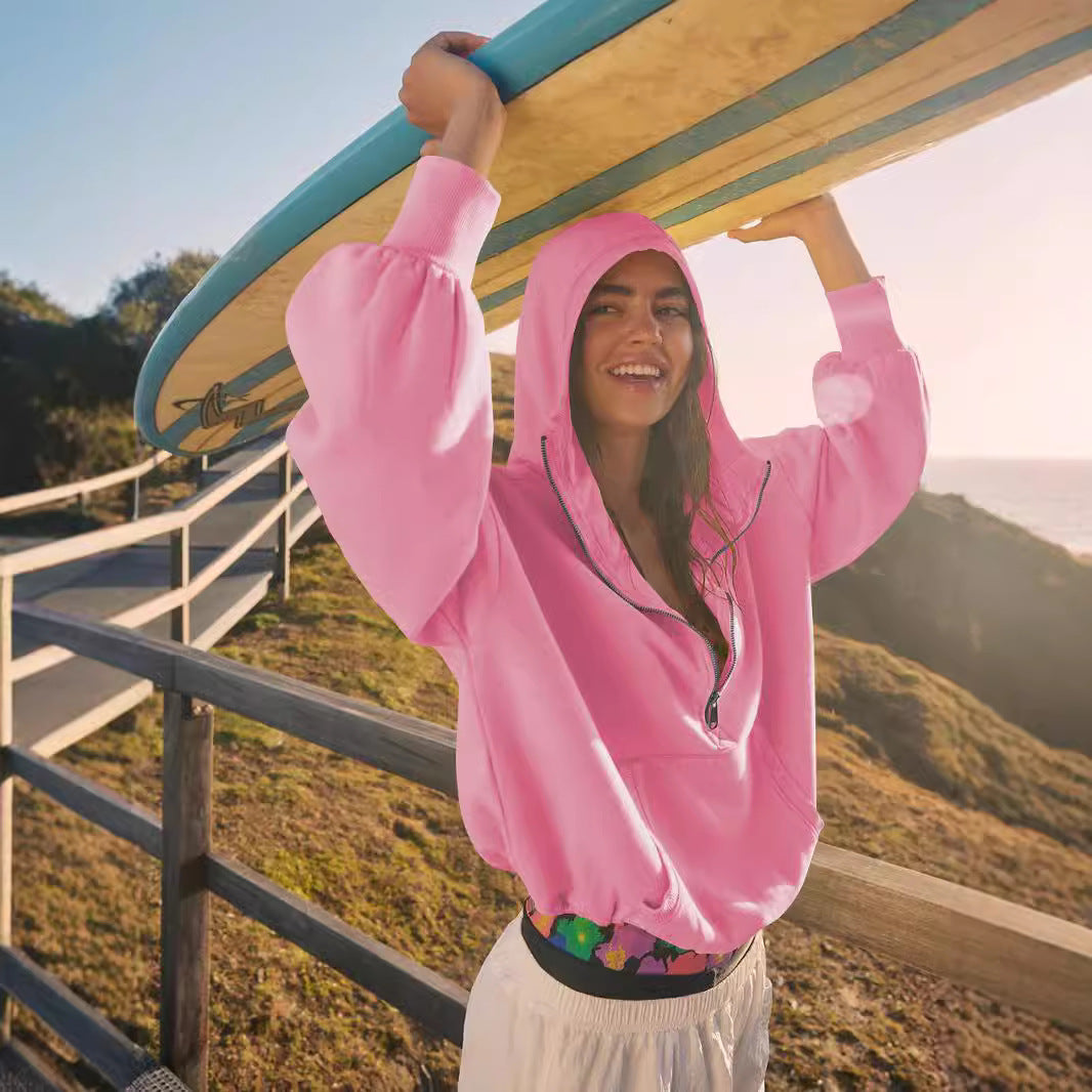 Damen sportlicher Kapuzenpullover mit halbem Reißverschluss und funktionalen Taschen Drune
