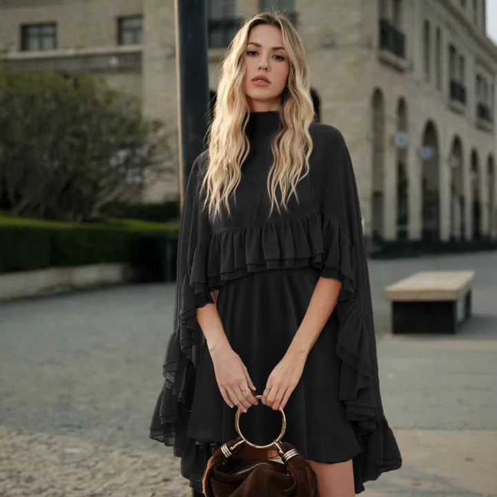 Damen Elegantes Rüschendress mit hochgeschlossenem Ausschnitt und fließendem Schnitt Drune