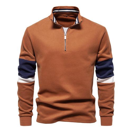 Herren nan Halbzip-Pullover mit Stehkragen, gestreiftem Krageninnenband und Kontrastärmeln Drune