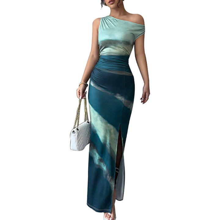 Damen Elegantes Maxikleid mit asymmetrischem Schulterdesign und hohem Schlitz Drune