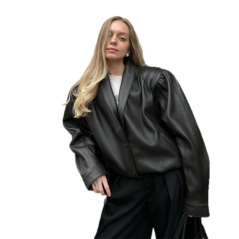 Damen Modische Lederblazerjacke mit Puffärmeln Drune