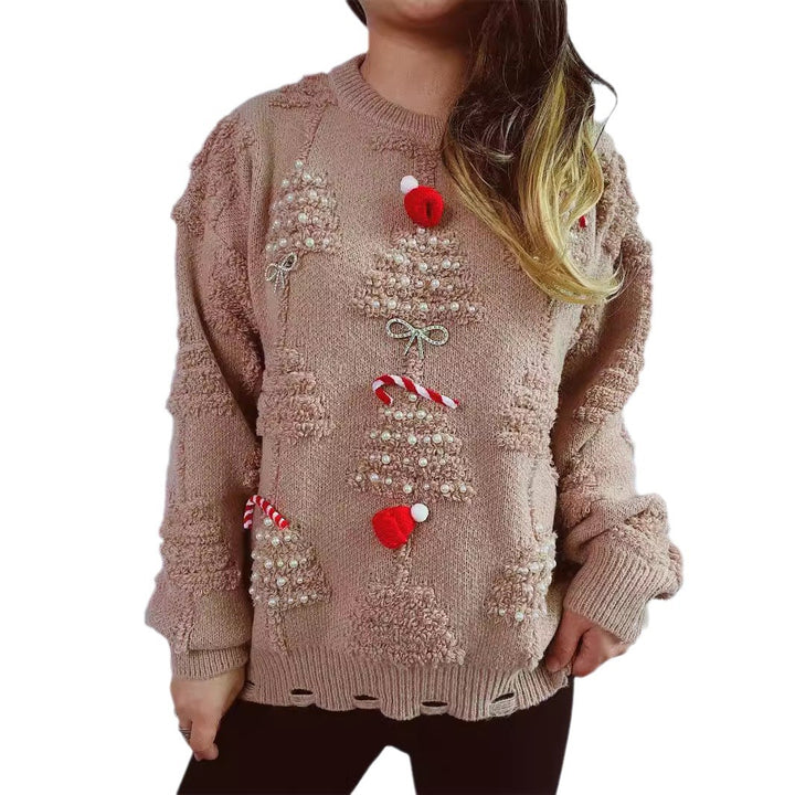 Damen festlicher Pullover mit kreativen Weihnachtsmotiven und strukturiertem Design Drune