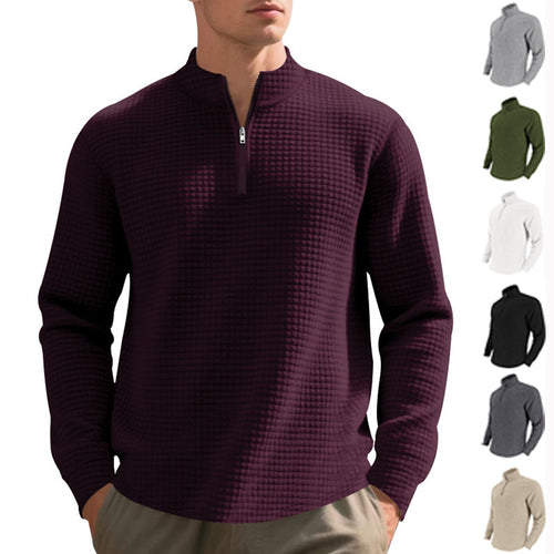 Herren nan leichtes Waffelstrick-Halbzip-Pullover mit Stehkragen und atmungsaktivem Baumwollmix Drune