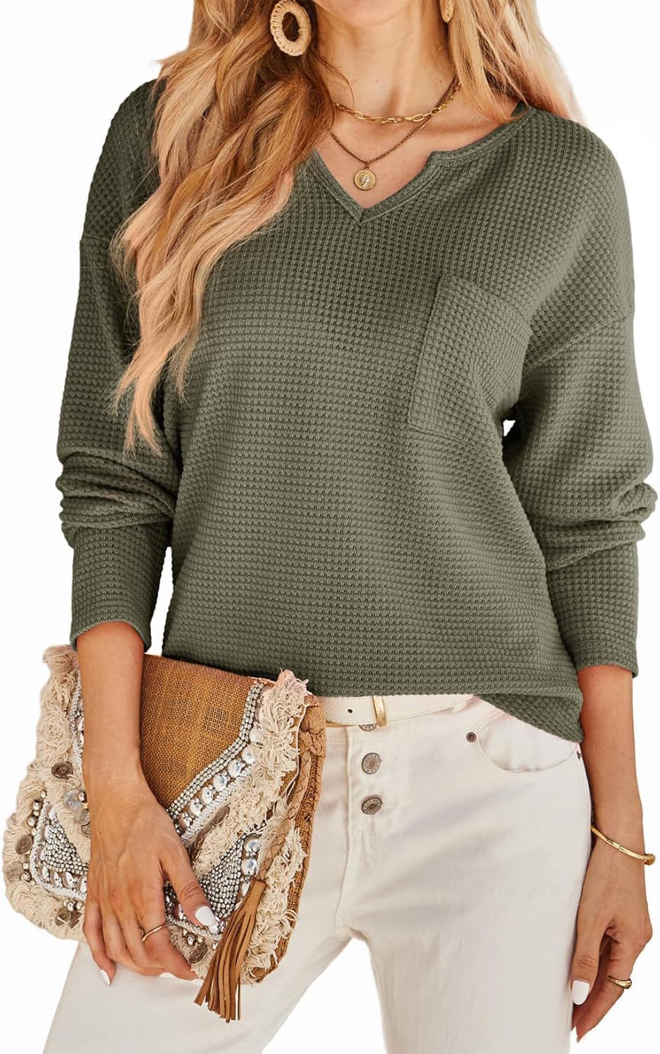 Damen Waffelstruktur Pullover mit V-Ausschnitt und Brusttasche Drune