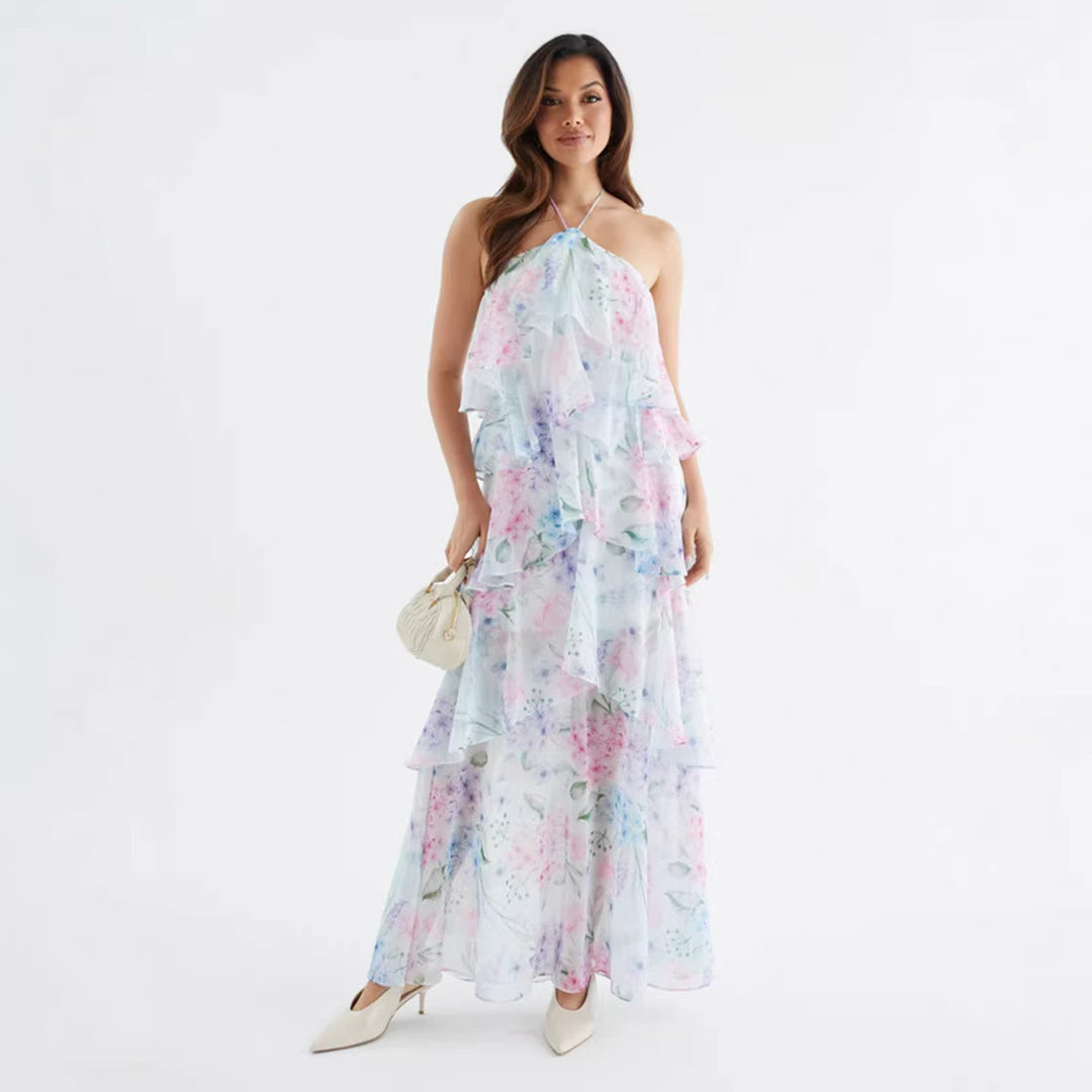 Damen Maxikleid mit schwingenden Volants und modernen Punkten Drune