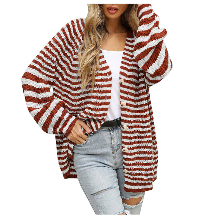 Damen lässige Strickjacke mit breitem Streifenmuster und Knopfdetail Drune