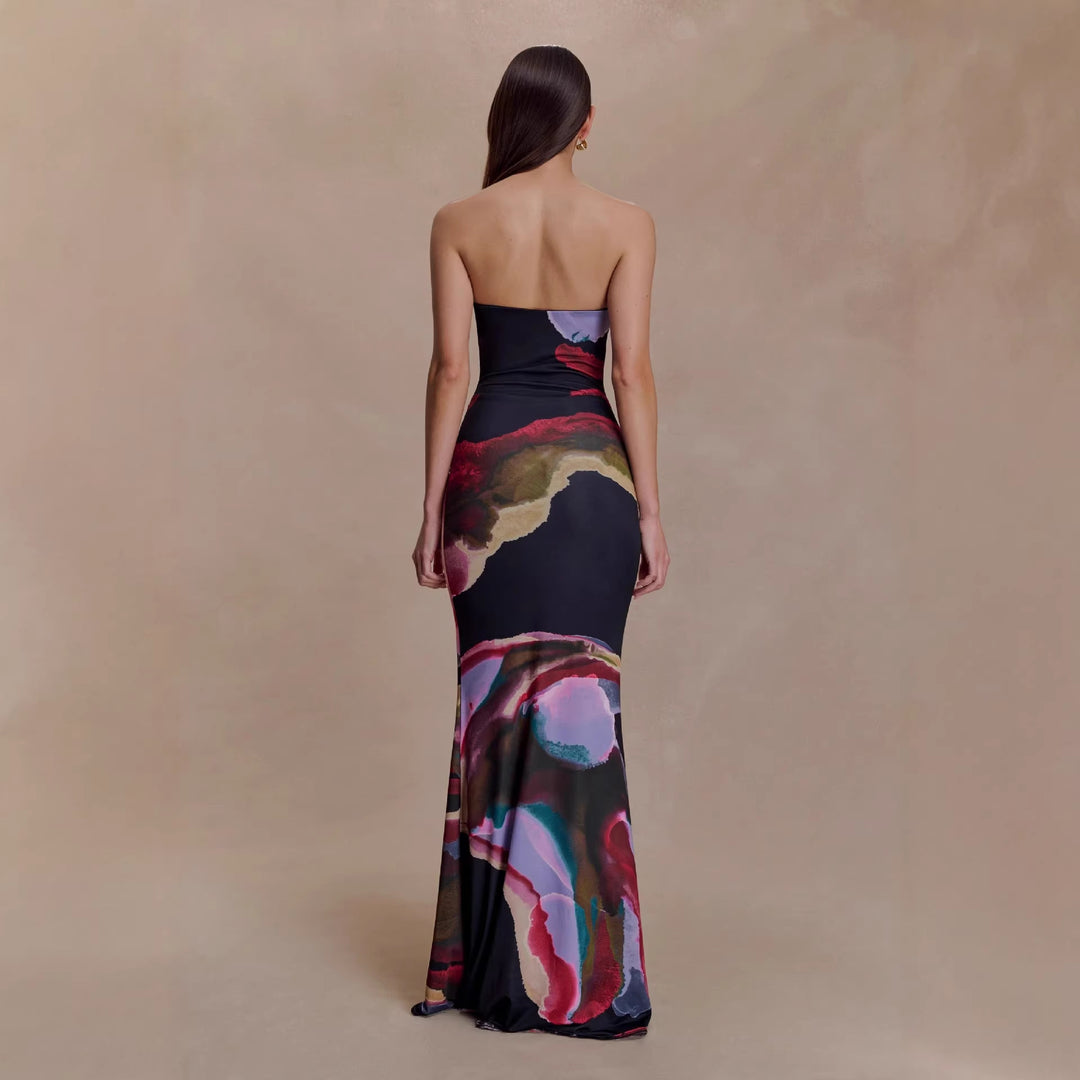 Damen Strapless Maxikleid mit fließendem Stoff und kunstvollem Druck Drune