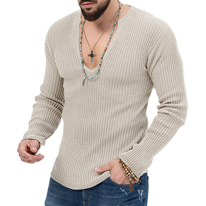 Herren Langarm-Rippenpullover mit tiefem V-Ausschnitt und modernem Schnitt Drune