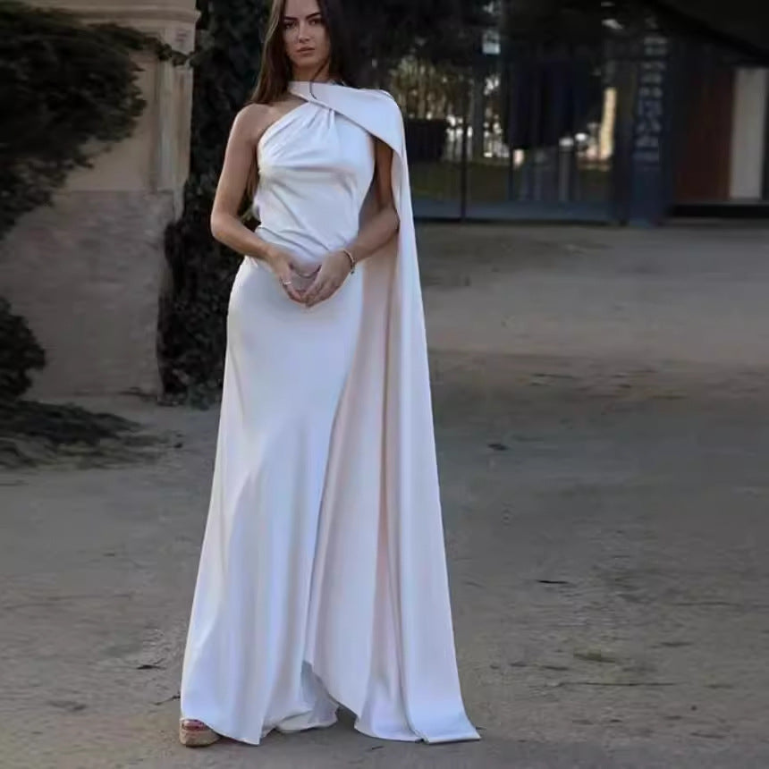 Damen elegantes Abendkleid mit einseitigem Cape und raffinierter Drapierung Drune