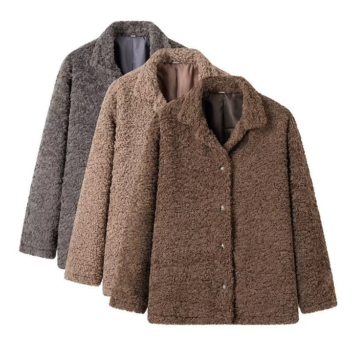 Damen kuschelige Fleecejacke mit Knopfverschluss und hohen Kragen Drune