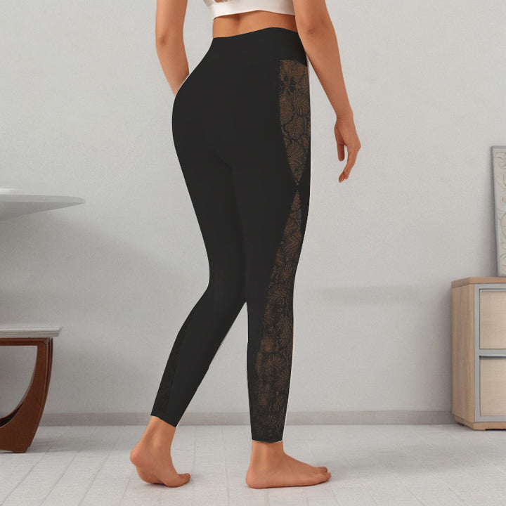 Damen Leggings mit transparenter Spitzeinsatz und hohem Taillenbund Drune