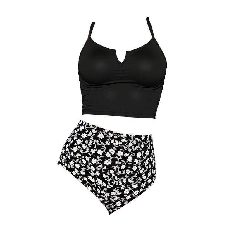 Damen Hochbund-Bikini-Set mit elegantem Top und floral gestaltetem Unterteil Drune