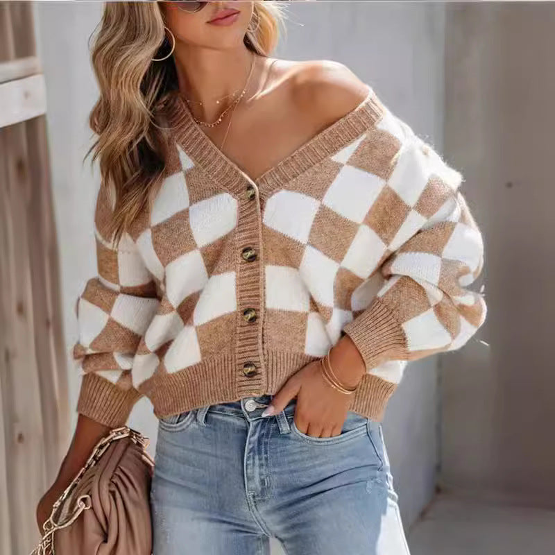 Damen Grob gestrickte Karomuster Cardigan mit tiefem V-Ausschnitt Drune