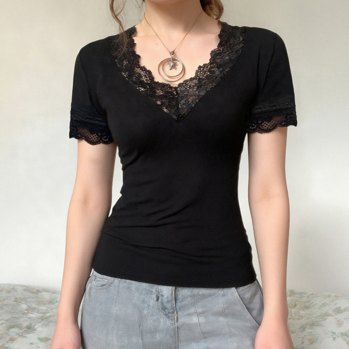 Damen Elegantes Spitzen-T-Shirt mit V-Ausschnitt und Kurzarm Drune