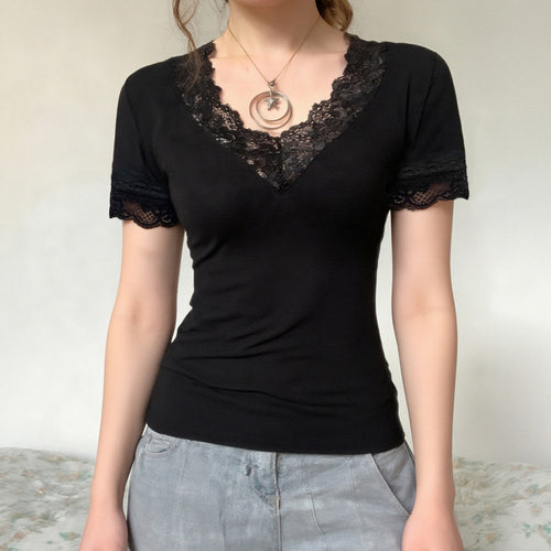 Damen Elegantes Spitzen-T-Shirt mit V-Ausschnitt und Kurzarm Drune