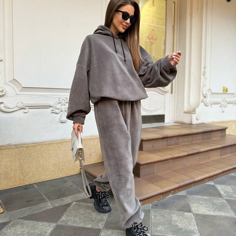 Damen Kuscheliges Fleece-Loungewear-Set mit Kapuze und weitem Schnitt Drune