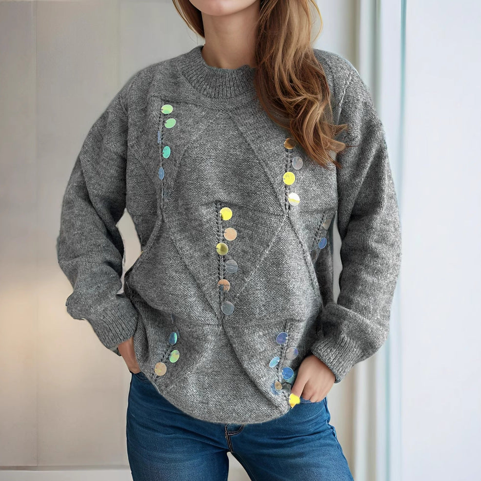Damen gemütlicher Strickpullover mit funkelnden Pailletten Drune